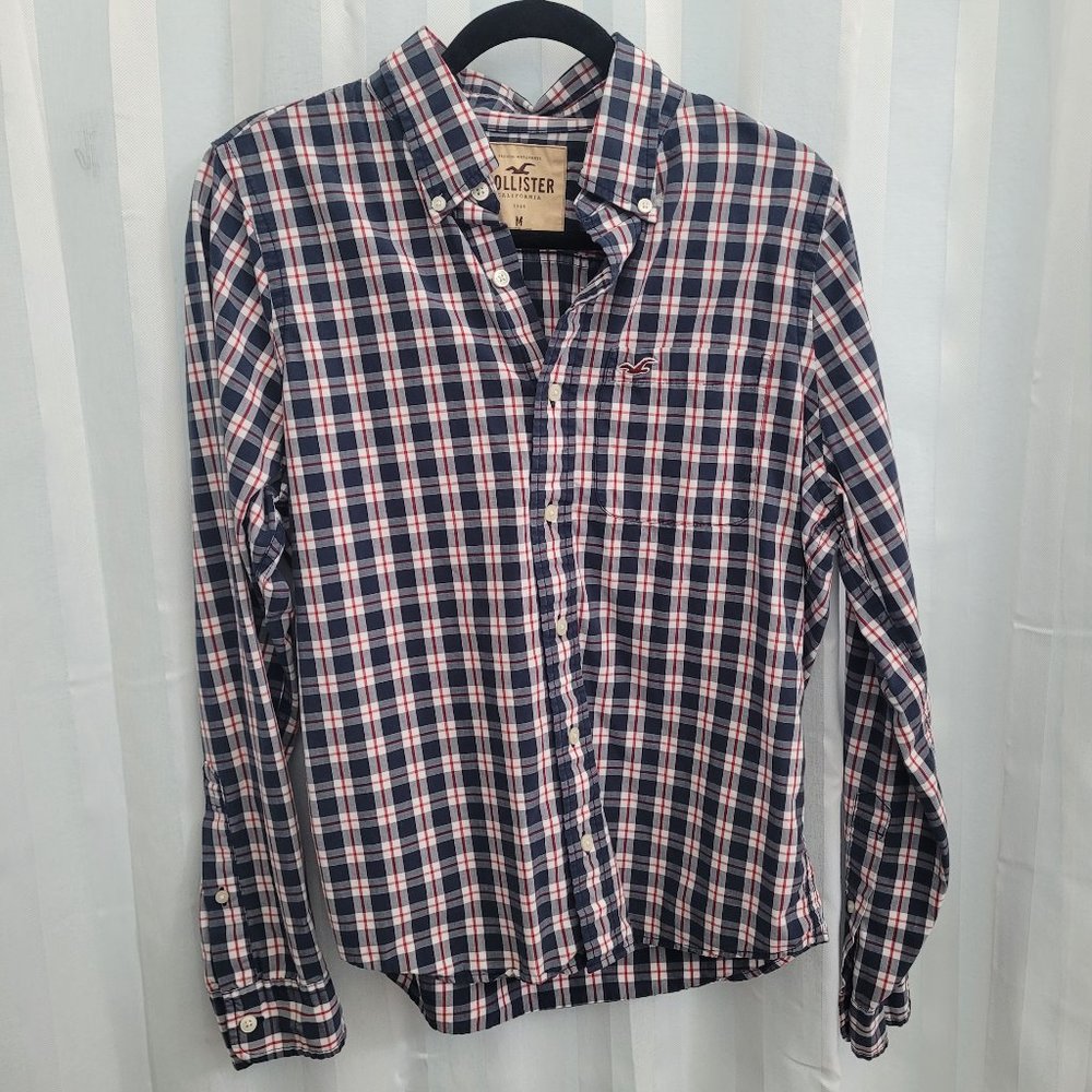 Hollister Men Dress shirt blue red white stripe Medium long sleeve button up